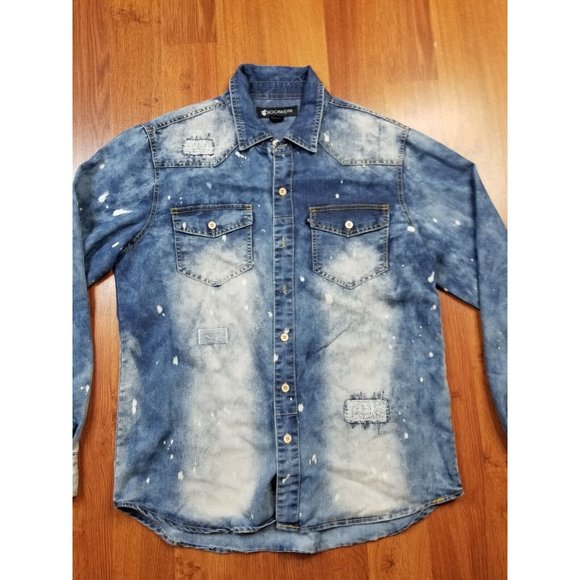 Rocawear  vintage 90s Denim  design Shirt Bleached Spatters large button down - Picture 8 of 10
